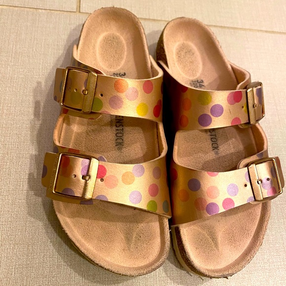 Birkenstock Arizona Sandals Kids’ Rose Gold Metallic/Multicolor Polka Dot - Picture 4 of 5